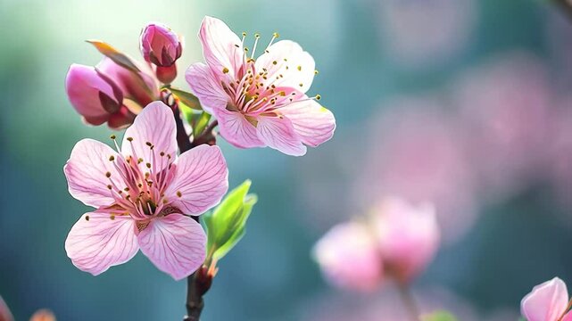 pink cherry flower blossom ,Spring flower sway in wind with satellite