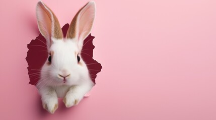 Obraz premium Adorable white bunny peeking through torn pink paper on a pink background. A cheerful Easter surprise