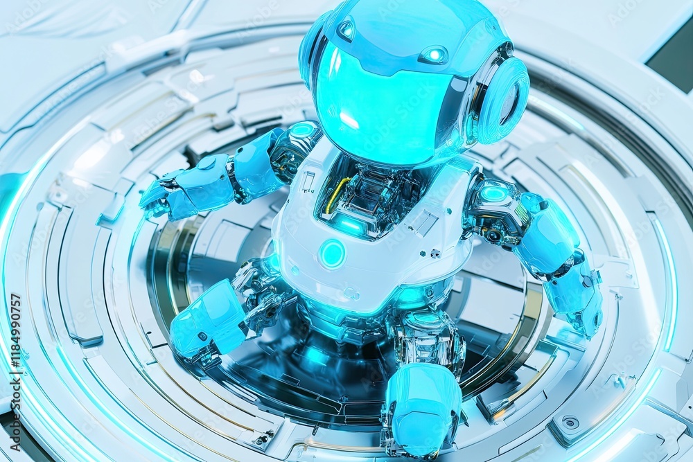 Poster a round-bodied ai robot with blue glowing accents, placed on a digital circuit board, analyzing data
