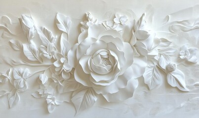 Fototapeta premium White wall with a floral design and a large white rose. The wall is decorated with white flowers and the design is elegant and sophisticated