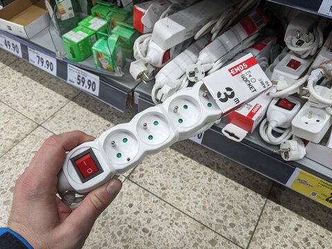 Prague,Czech Republic-August 8 2025: EMOS extension cord provides durable and safe power connection for household and office devices with multiple socket options