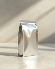 A shiny metallic package stands elegantly in soft, diffused light, highlighting its smooth texture.