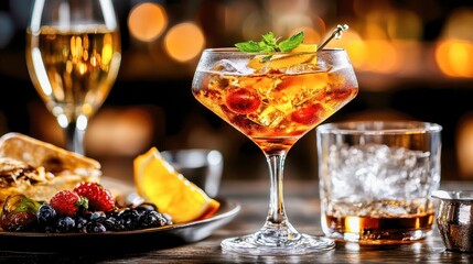 Naklejka premium Festive Cocktail with Berries and Citrus Garnish