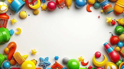 A colorful arrangement of various playful objects and decorations, creating a vibrant border for creative projects or festive occasions.