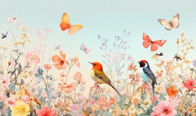 Vivid floral background with birds, butterflies and bees in a pastel color palette, perfect for spring or nature-themed rooms.