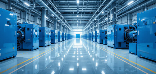 Obraz premium A spacious industrial facility features numerous blue power generators neatly arranged in rows. Bright lights reflect off polished floors, creating an organized environment