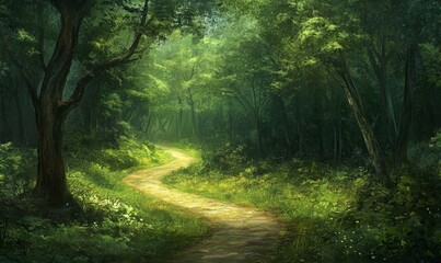 Obraz premium Winding road through forest, greenery, trees, path, serene outdoor setting.