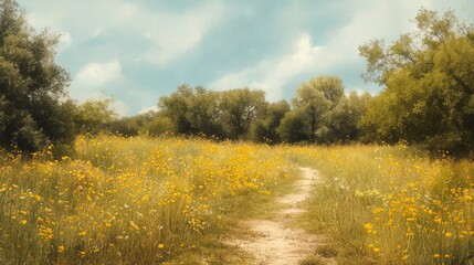 Fototapeta premium Amidst a tranquil expanse, a winding path invites exploration through a lively meadow bursting with golden wildflowers