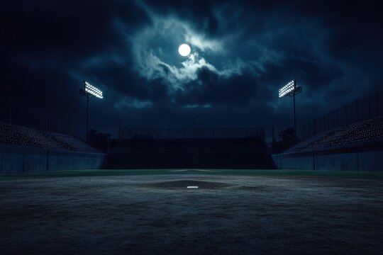 A moonlit baseball field bathed in dramatic shadows, evoking a sense of mystery and anticipation at night.