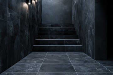 Obraz premium Modern staircase in a minimalist, dark stone interior with sleek lighting highlighting the steps.
