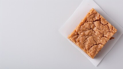 Blondie bar isolated on white, butterscotch blondie square, sweet dessert close up, minimalist food photography, copy space background


