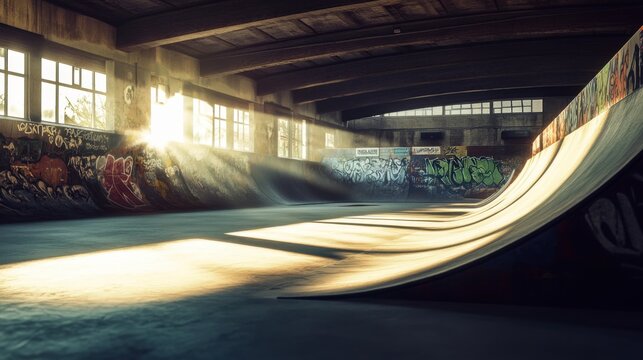 An empty indoor skatepark with sunlight streaming through large windows, highlighting graffiti-covered ramps.