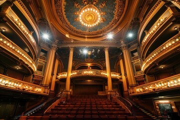 Obraz premium Ornate theater interior showcasing grand architecture and lighting design for performances.
