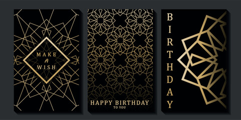 Set of luxury birthday cards on a black background. Modern gold and black design. Golden elegant geometric pattern, gold line on dark background. Premium design illustration for birthday party.