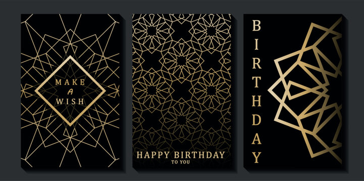 Set of luxury birthday cards on a black background. Modern gold and black design. Golden elegant geometric pattern, gold line on dark background. Premium design illustration for birthday party.