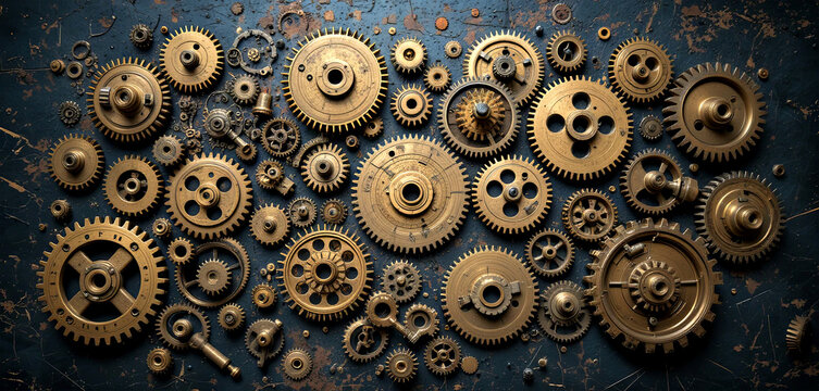 Various antique metal gears are spread out on a textured blue background, emphasizing their unique shapes and industrial design. This arrangement highlights craftsmanship and engineering