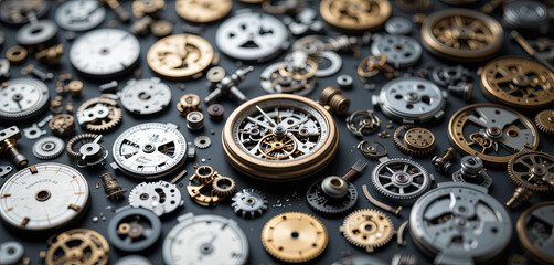 An impressive collection of vintage watch parts is meticulously arranged, highlighting intricate gears, springs, and dials. The assortment reflects exquisite craftsmanship and precision