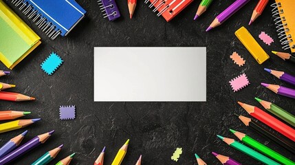 A colorful arrangement of stationery items surrounds a blank space, ideal for creative projects or educational purposes.