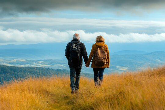 Senior couple hiking in the mountains holding hands, enjoying scenic view - Powered by Adobe