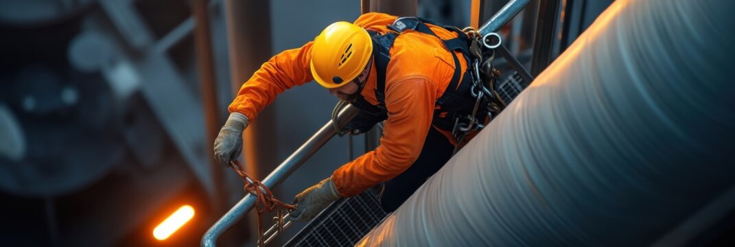 A worker climbing a high platform on an oil rig, the orange lights casting long shadows
