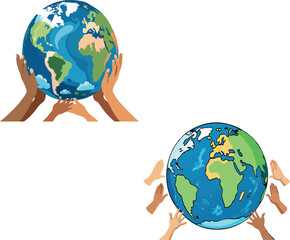 Many multicultural hands holding earth globe protecting environment
