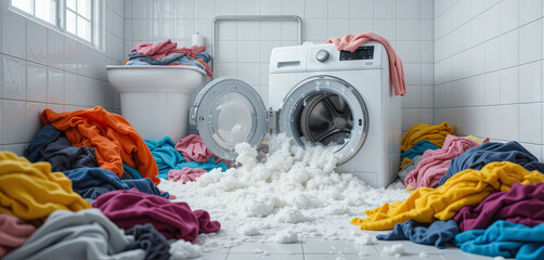 A small bathroom is overwhelmed by a laundry disaster as a washing machine spills foam and clothes scatter across the floor, creating a colorful and messy scene
