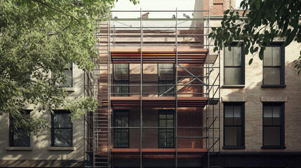 old building with windows, scaffolding under construction for exterior facade renovation in downtown, New York City, townhouse area 