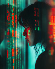 Businesswoman experiences emotional moment in front of computer monitor displaying financial data in a modern office environment