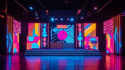 A stage with a neon-lit design featuring bold geometric shapes and bright colors 