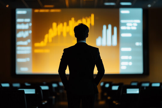 Businessman presents data analysis in a modern conference room during a corporate meeting, focusing on growth indicators and strategies