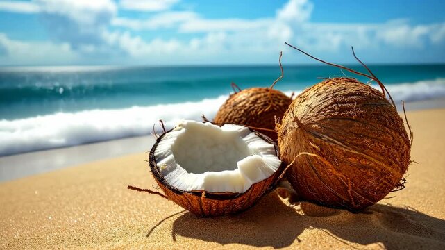 Coconut is on the sand next to the ocean. The coconut is half eaten. There are two coconuts on the sand