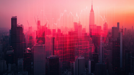 Fototapeta premium Dramatic cityscape view at sunset with transparent red overlay showcasing urban life. Falling stock and economy chart.