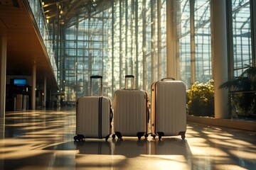 Three suitcases waiting at the airport terminal for passenger arrival