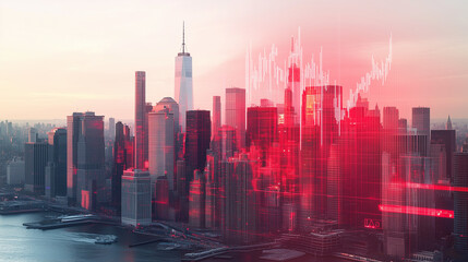 Dramatic view of a vibrant city skyline with transparent red overlay at sunset