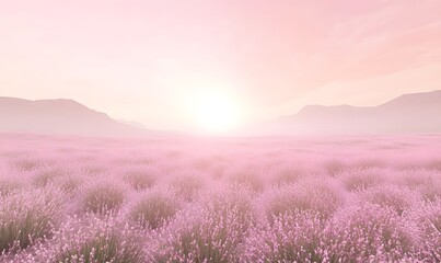 Pink lavender field at sunrise, hazy mountains.