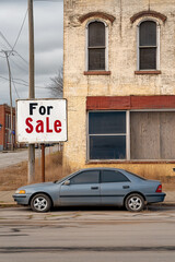 Lone car with a For Sale sign parked beside an abandoned building in a deserted area during overcast weather