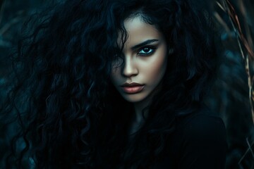Fototapeta premium Commercial ad campaign concept layout. Gorgeous calm mixed-race girl - for ads, ad page and web marketing use. Long trim - curly hair. Colored hair style portraits. African model advertising.