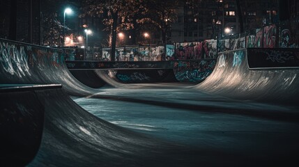 A nighttime view of a deserted skate park, illuminated by glowing street lights and vibrant graffiti.