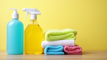 Neatly arranged cleaning supplies on a wooden table with a bright background, showing readiness and organization for cleaning. 