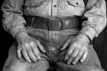 Old man's hands resting on his lap while wearing a denim outfit and sturdy belt on a rustic wooden porch
