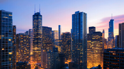 Obraz premium Abstract City Skyline at Dusk with Glowing Lights and Silhouettes