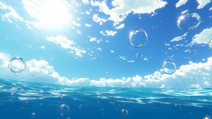 Sea or ocean water surface level with underwater with bubbles, sun rays and sky with clouds background textures. Realistic vector of blue undersea aqua with waterline horizon in clean river or lake.