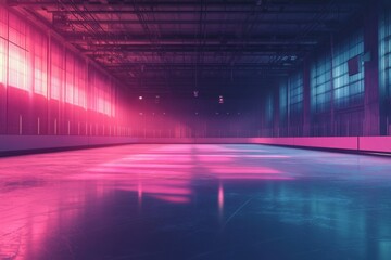 Naklejka premium A vibrant ice rink bathed in colorful neon lights, creating a dramatic, atmospheric scene.
