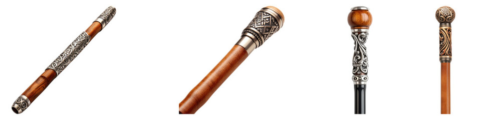 Wooden handle with metal decoration isolated on transparent background, Set of