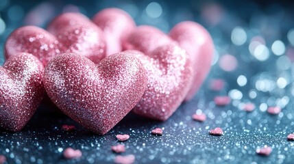 Fototapeta premium Pink glitter hearts on a sparkling background.