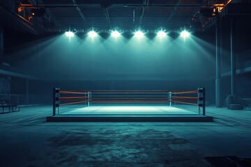 An empty boxing ring illuminated by dramatic blue lights in a moody indoor arena.