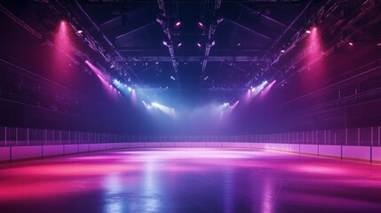 A vibrant ice rink illuminated by colorful stage lights, creating a dramatic atmosphere.