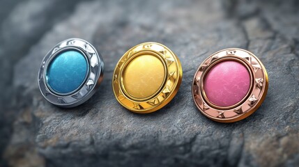 Game rank gem badge ui award achievement in vector. Cartoon level medal illustration. Isolated 3d fantasy medieval jewelry amulet with wings to show progress and win rating in bronze, silver and gold.