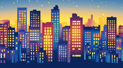 Abstract City Skyline at Dusk with Glowing Lights and Silhouettes