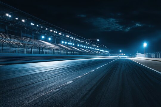 Illuminated night race track with empty grandstands and glowing lights, creating a dramatic, high-speed atmosphere.